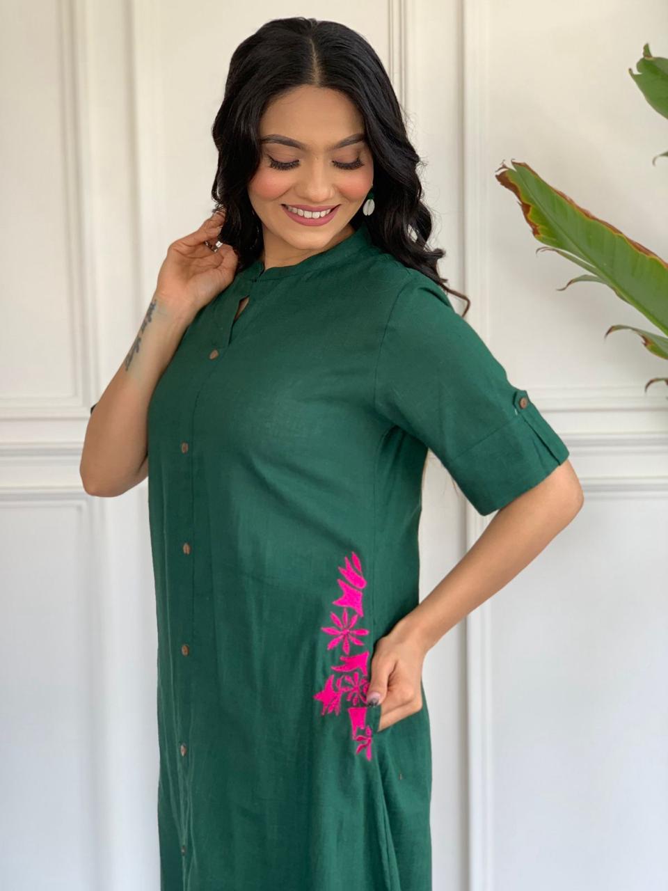 Bottle Green Cotton Slub Embroidered Co-ord Set