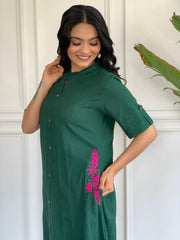 Bottle Green Cotton Slub Embroidered Co-ord Set