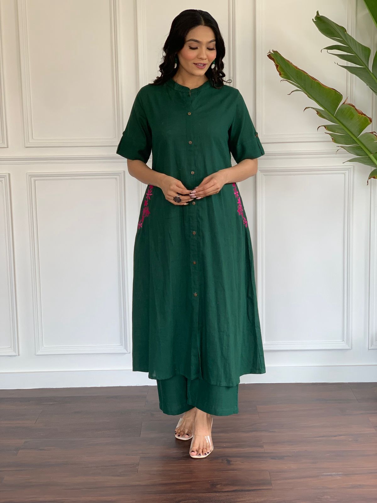 Bottle Green Cotton Slub Embroidered Co-ord Set