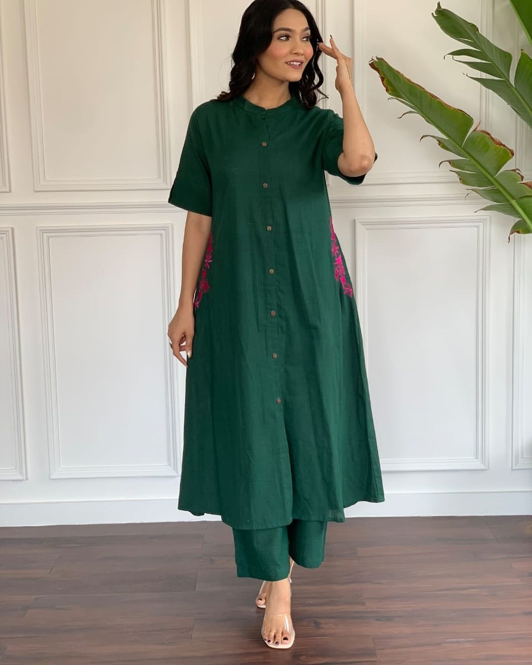 Bottle Green Cotton Slub Embroidered Co-ord Set