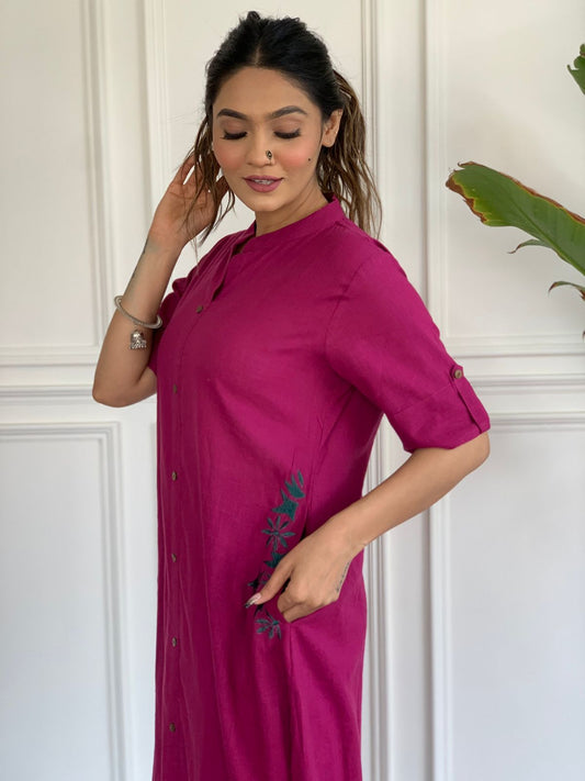 Hot Pink Cotton Slub Embroidered Co-ord Set