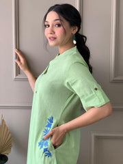 Pista Green Cotton Slub Embroidered Co-ord Set