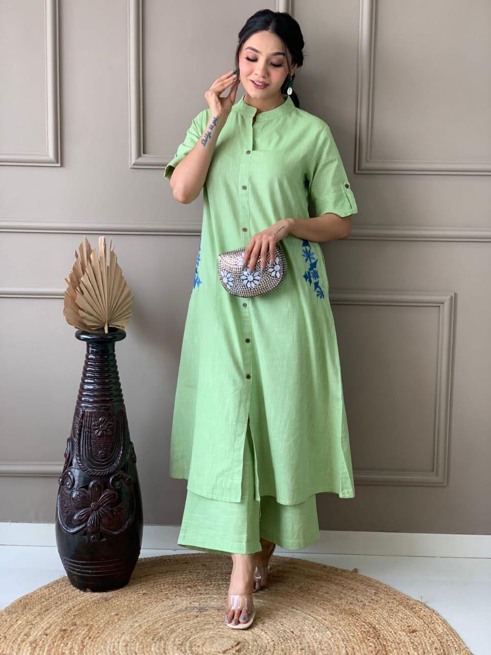 Pista Green Cotton Slub Embroidered Co-ord Set