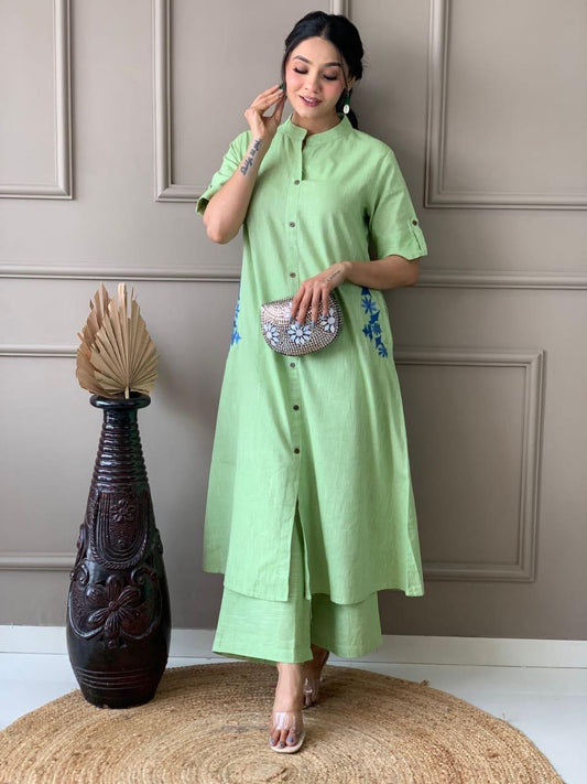 Pista Green Cotton Slub Embroidered Co-ord Set