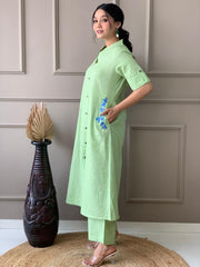 Pista Green Cotton Slub Embroidered Co-ord Set