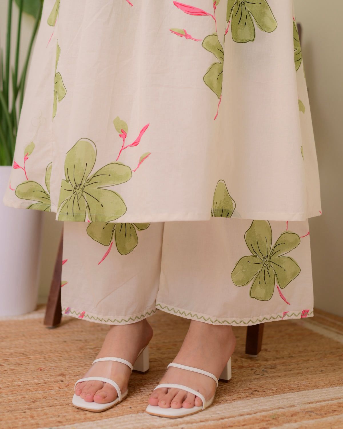 Cream Green Cotton Brush-Printed Co-Ord Set