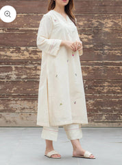 Ivory Cotton Embroidered Kurta Pant Set