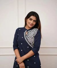 Navy Blue Rayon Embroidered Kurta Set