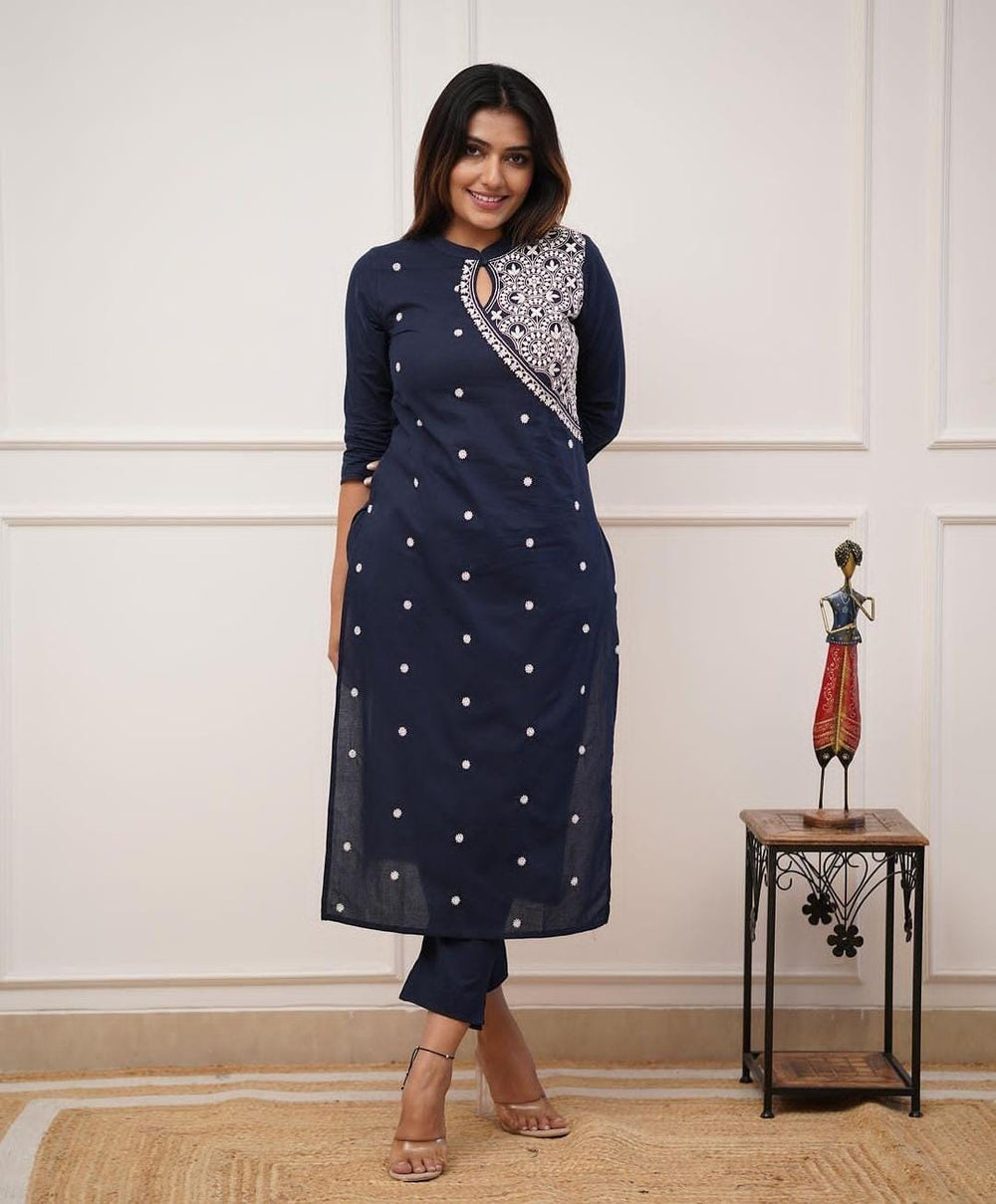 Blue Kurta Set, Embroidered, Laadshop
