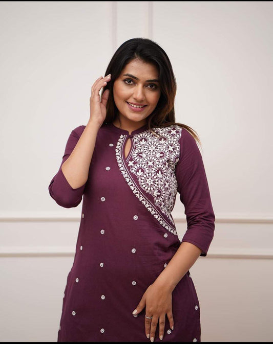 Purple Rayon Embroidered Kurta Set