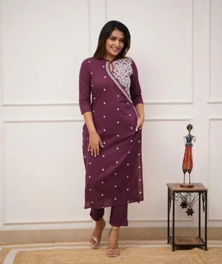 Purple Rayon Embroidered Kurta Set
