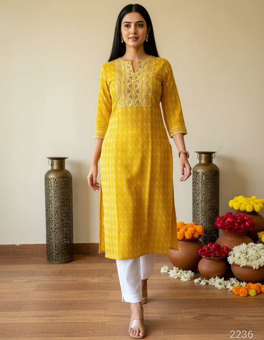 Yellow Rayon Embroidered Kurta Set