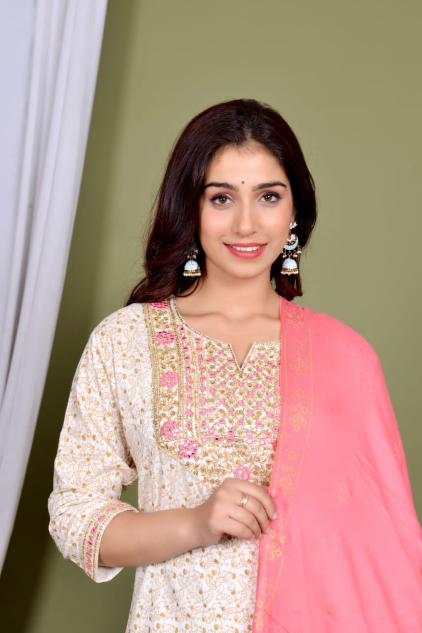 Off white dupatta set, Embroidered, Laadshop