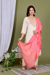 Off white dupatta set, Embroidered, Laadshop