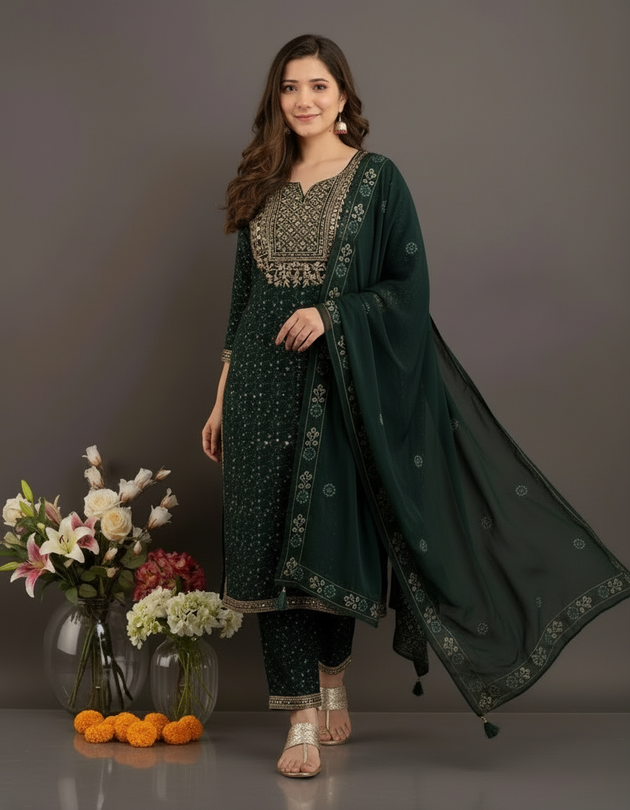 Green Rayon Embroidered Dupatta Set