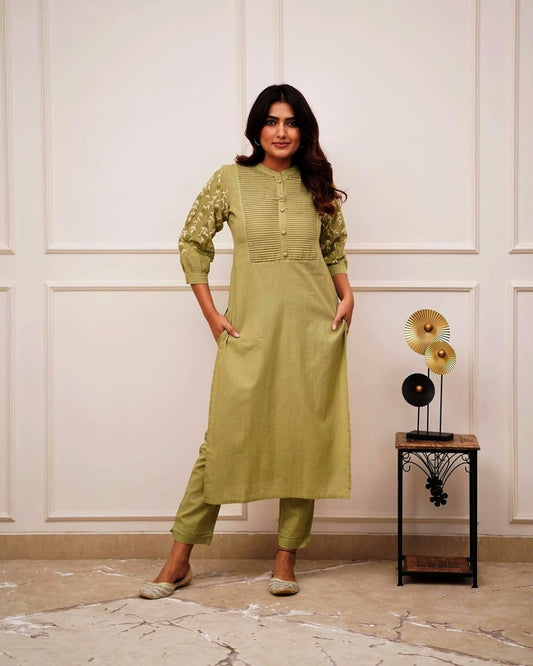 Beautiful Olive Green Rayon Embroidery Kurta Set
