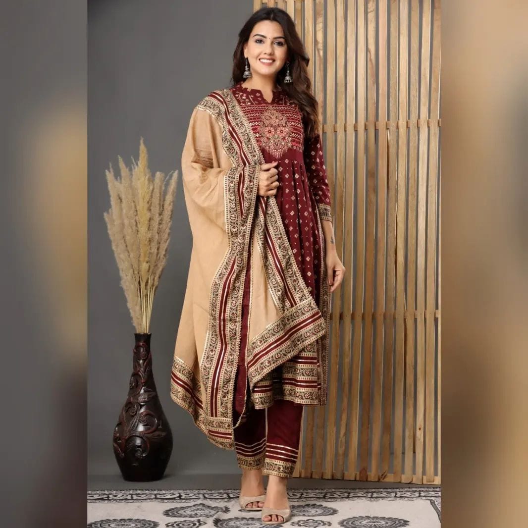 Beautiful Rayon Maroon Dupatta Set