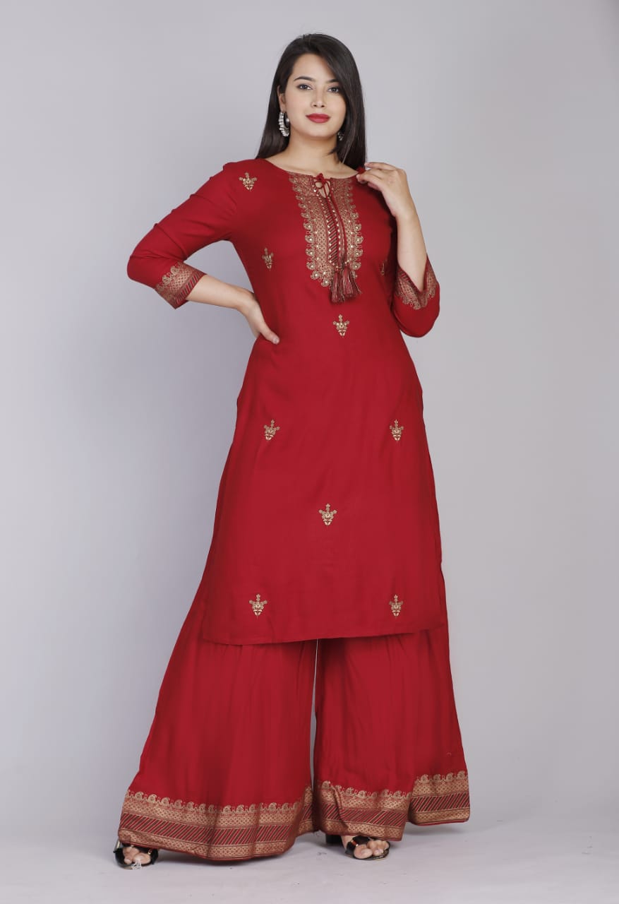 Elegant Red Rayon Embroidery Dupatta Set