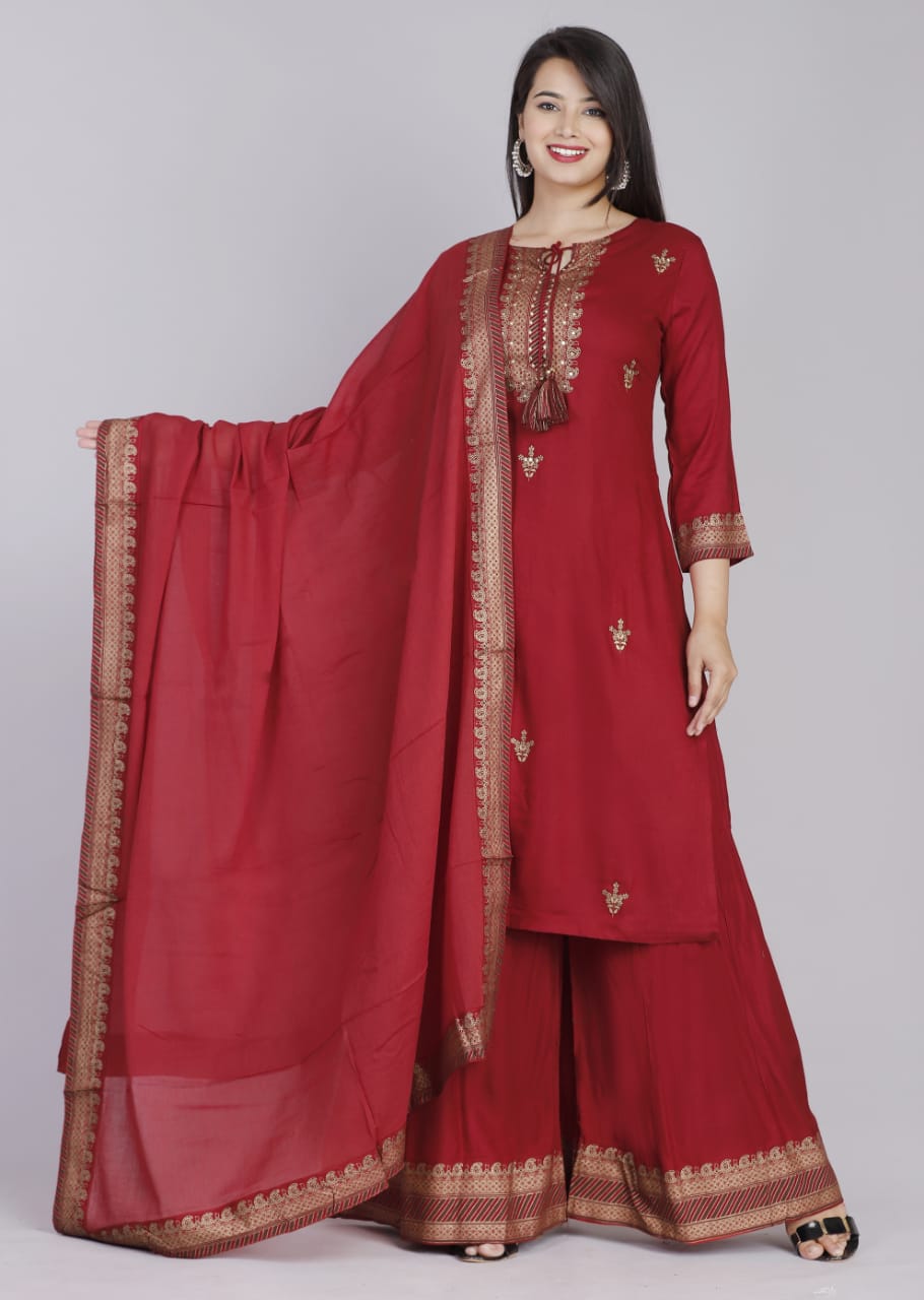 Elegant Red Rayon Embroidery Dupatta Set