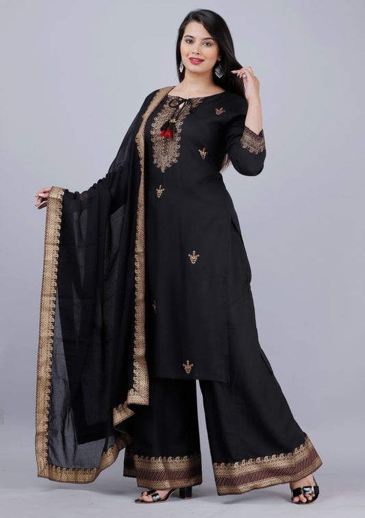 Elegant Black Rayon Embroidery Dupatta Set