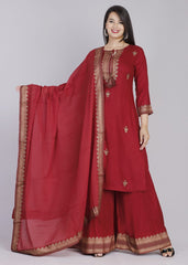 Elegant Red Rayon Embroidery Dupatta Set
