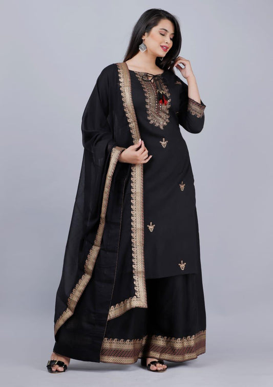 Elegant Black Rayon Embroidery Dupatta Set