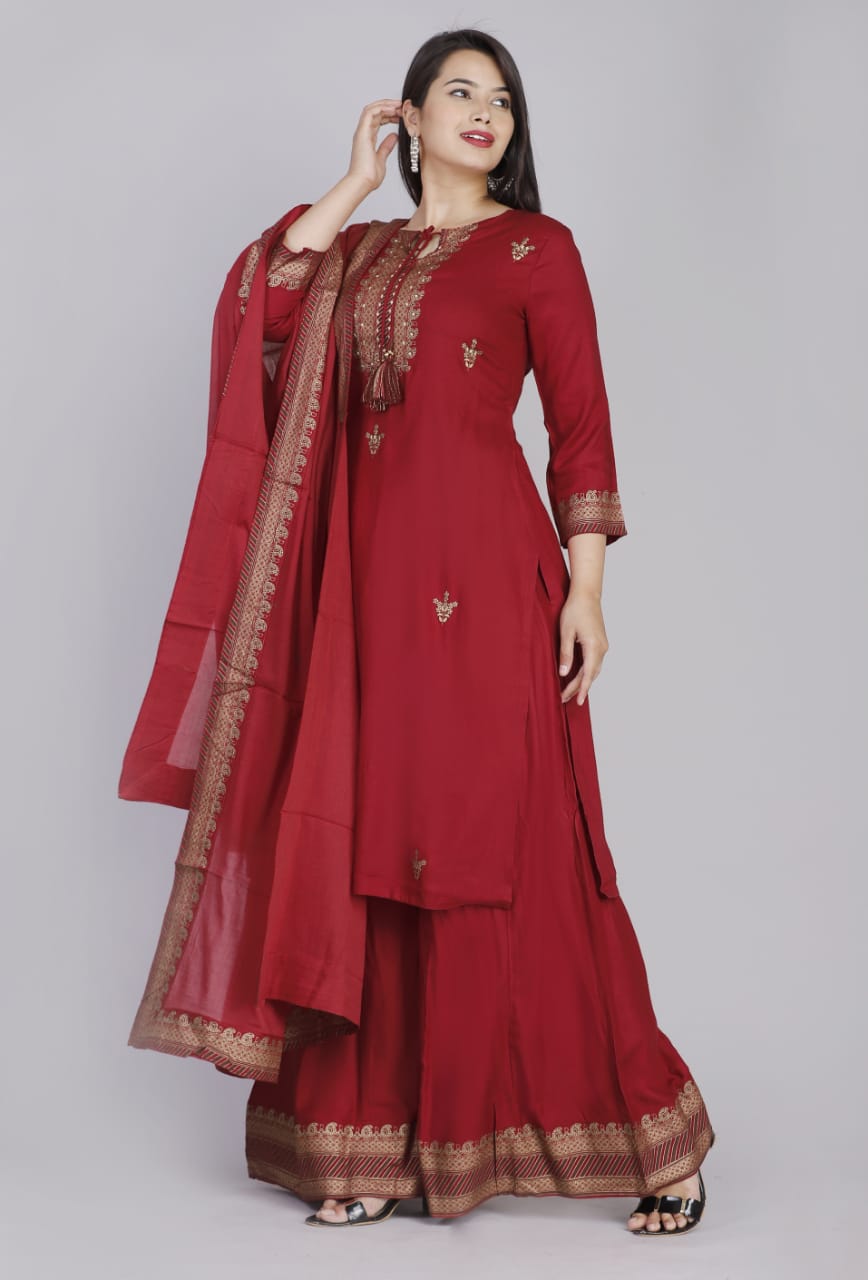 Elegant Red Rayon Embroidery Dupatta Set