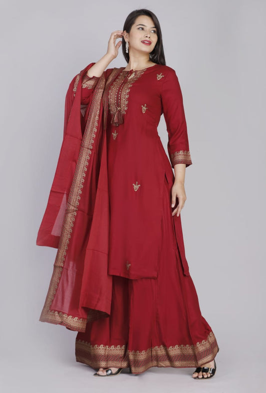 Elegant Red Rayon Embroidery Dupatta Set