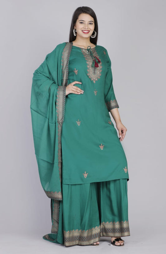 Elegant Teal Green Rayon Embroidery Dupatta Set