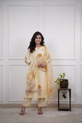 Elegant Light Yellow Cotton Dupatta Set