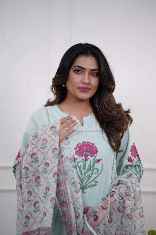 Elegant Mint Green Cotton Dupatta Set