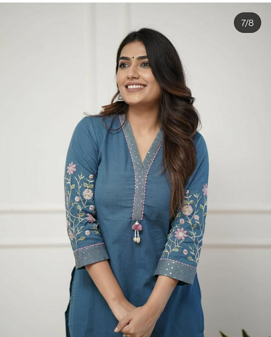Perfect Blue Embroidery Kurta Set