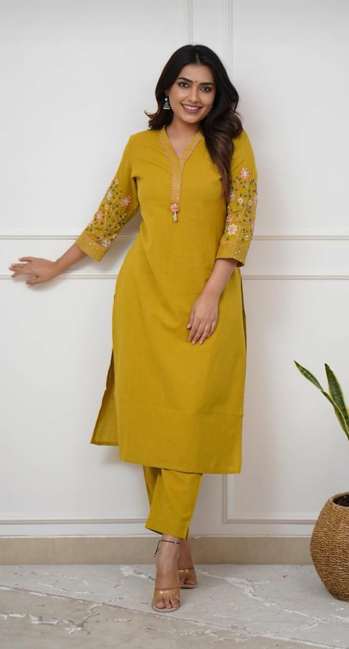 Perfect Mustard Yellow Embroidery Kurta Set