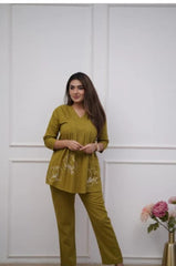 Stylish Mehandi Pintex Embroidery  Co-ord Set