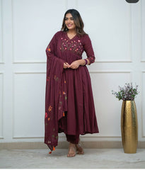 Beautiful Maroon Embroidery Dupatta Set