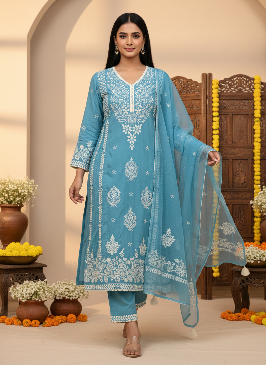 Sky Blue Embroidery Dupatta Set
