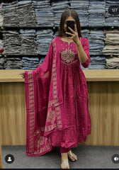 Pink Anarkali Cotton Dupatta Set