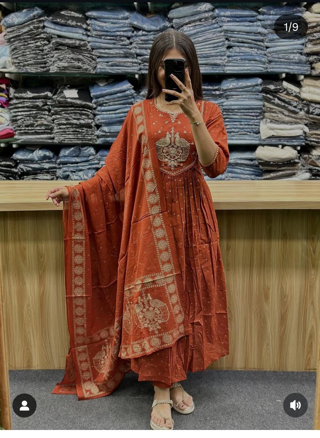 Orange Anarkali Cotton Dupatta Set