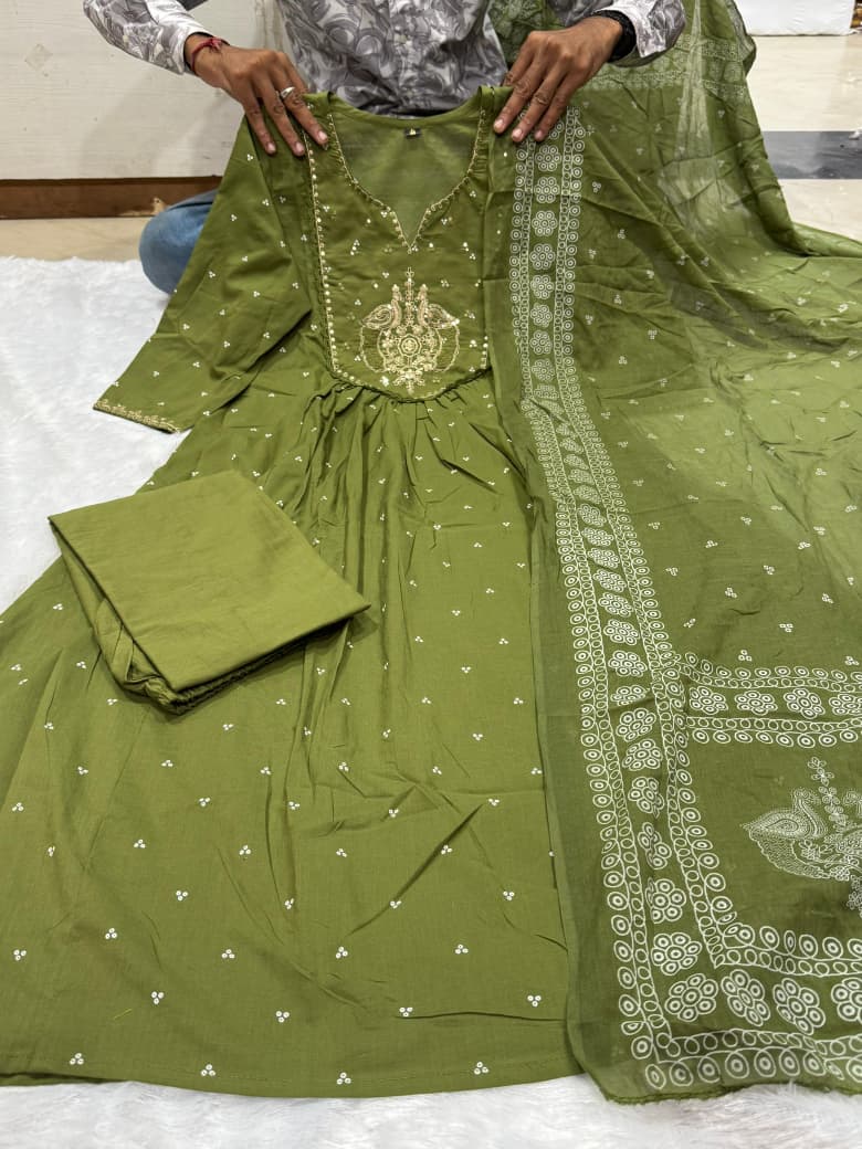 Olive Green Anarkali Cotton Dupatta Set