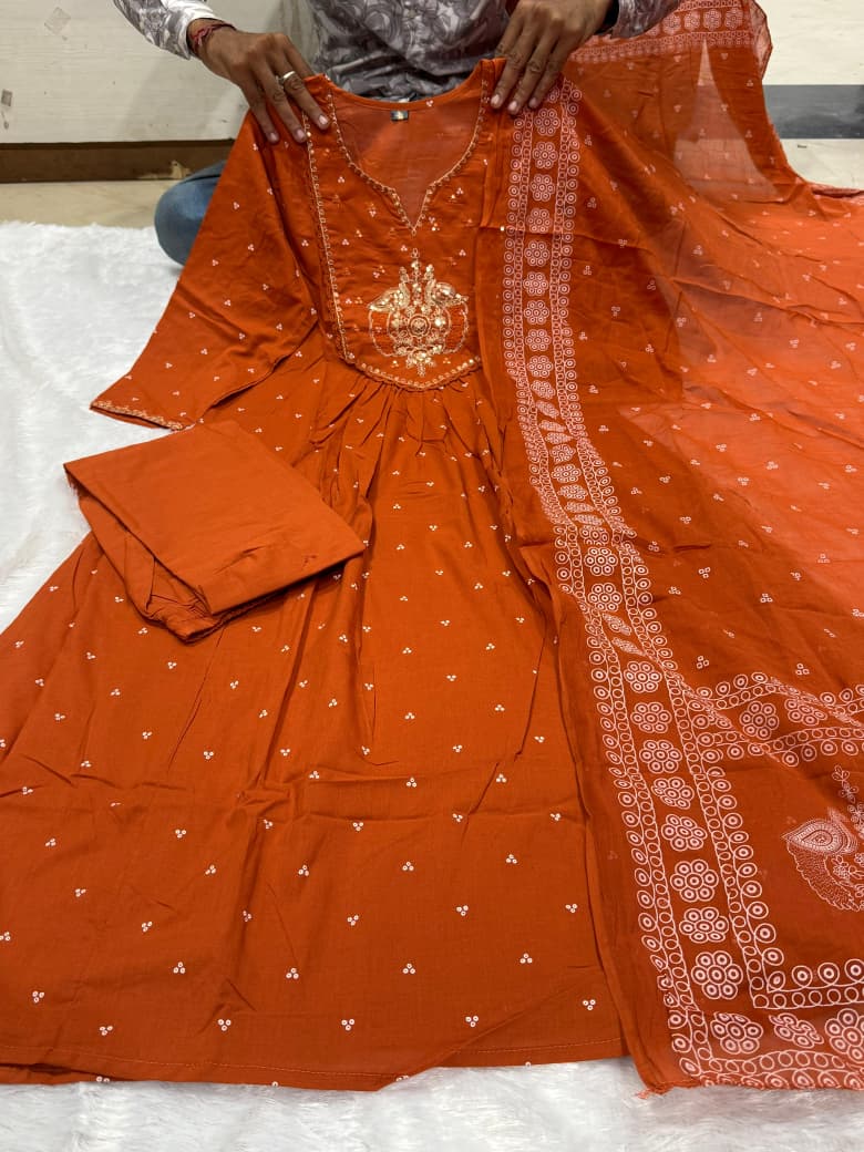 Orange Anarkali Cotton Dupatta Set