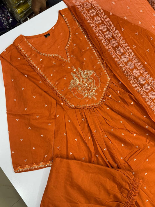 Orange Anarkali Cotton Dupatta Set