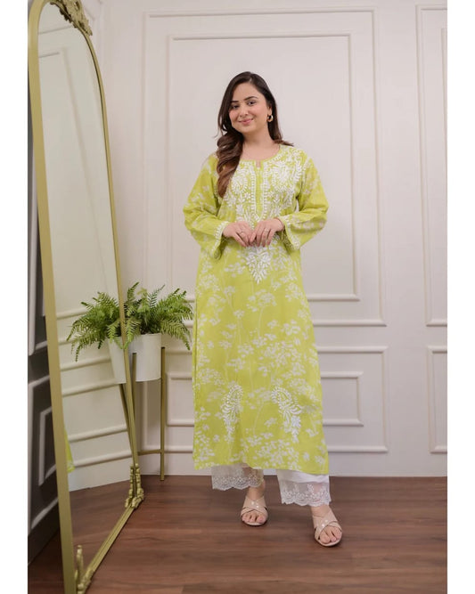 Beautiful Lime Green Embroidery Kurta Set