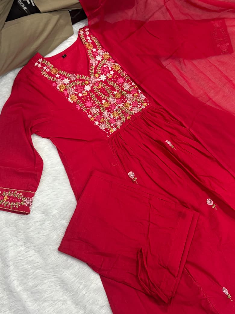 Perfect Red Cotton Dupatta Set
