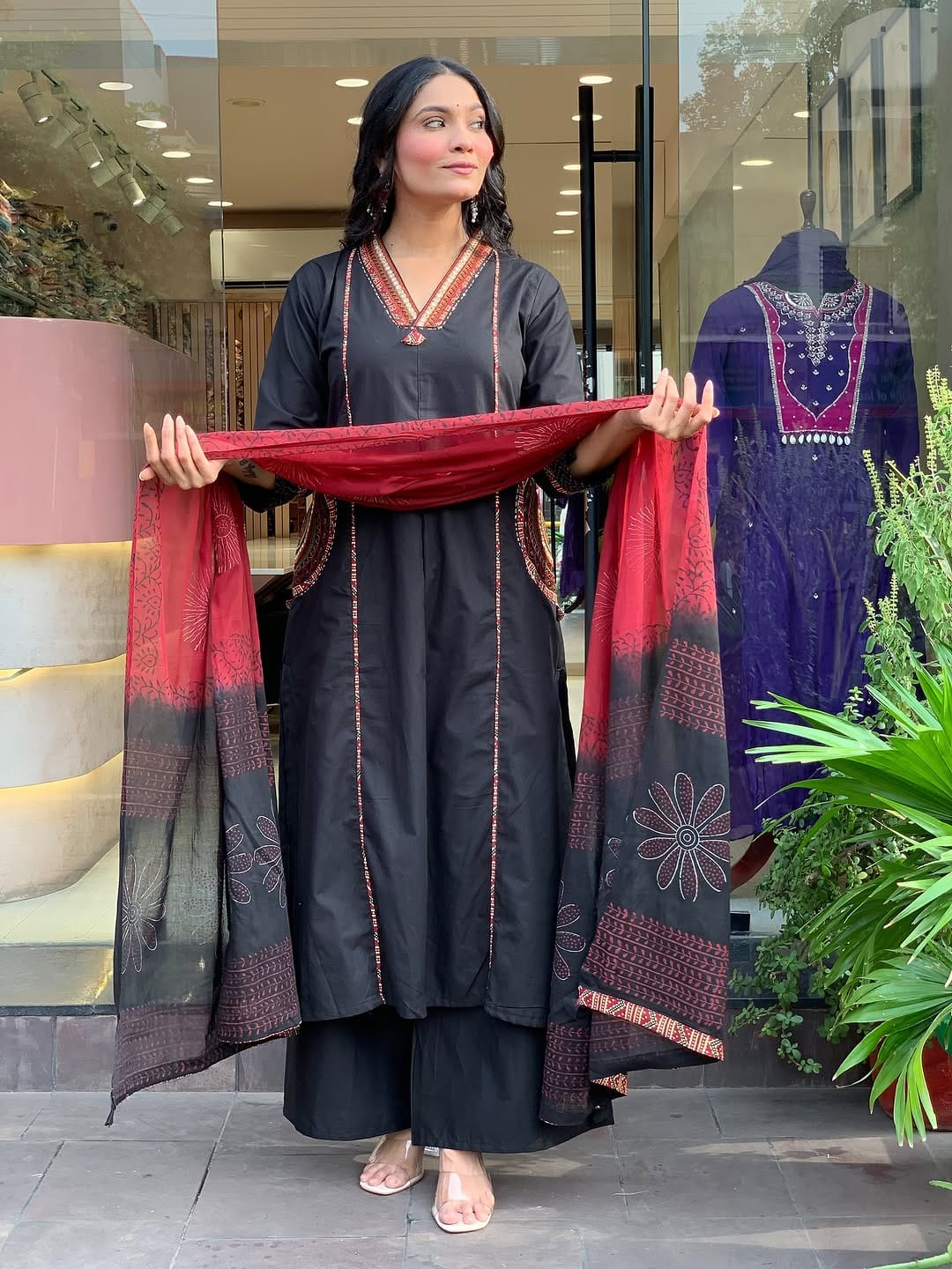 Perfect Black Embroidery Dupatta Set