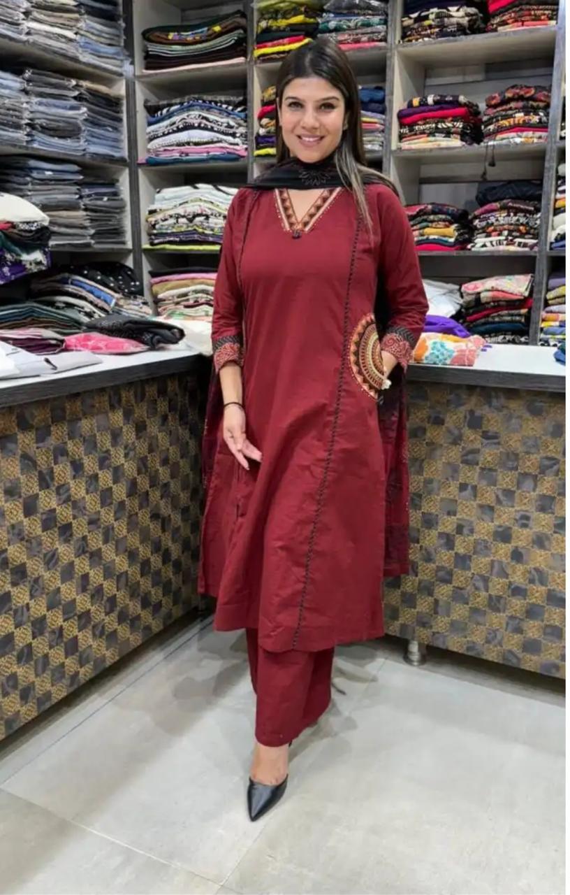 Perfect Maroon Embroidery Dupatta Set