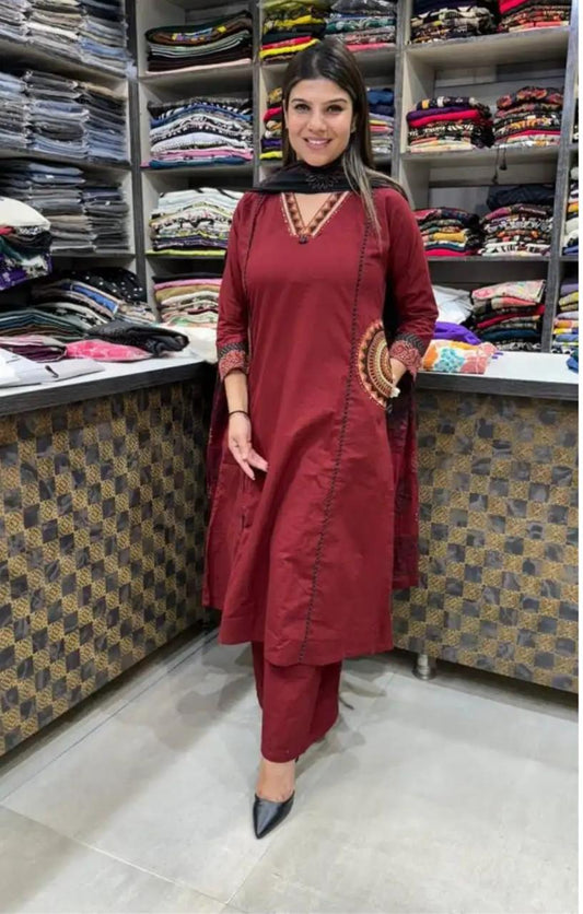 Perfect Maroon Embroidery Dupatta Set