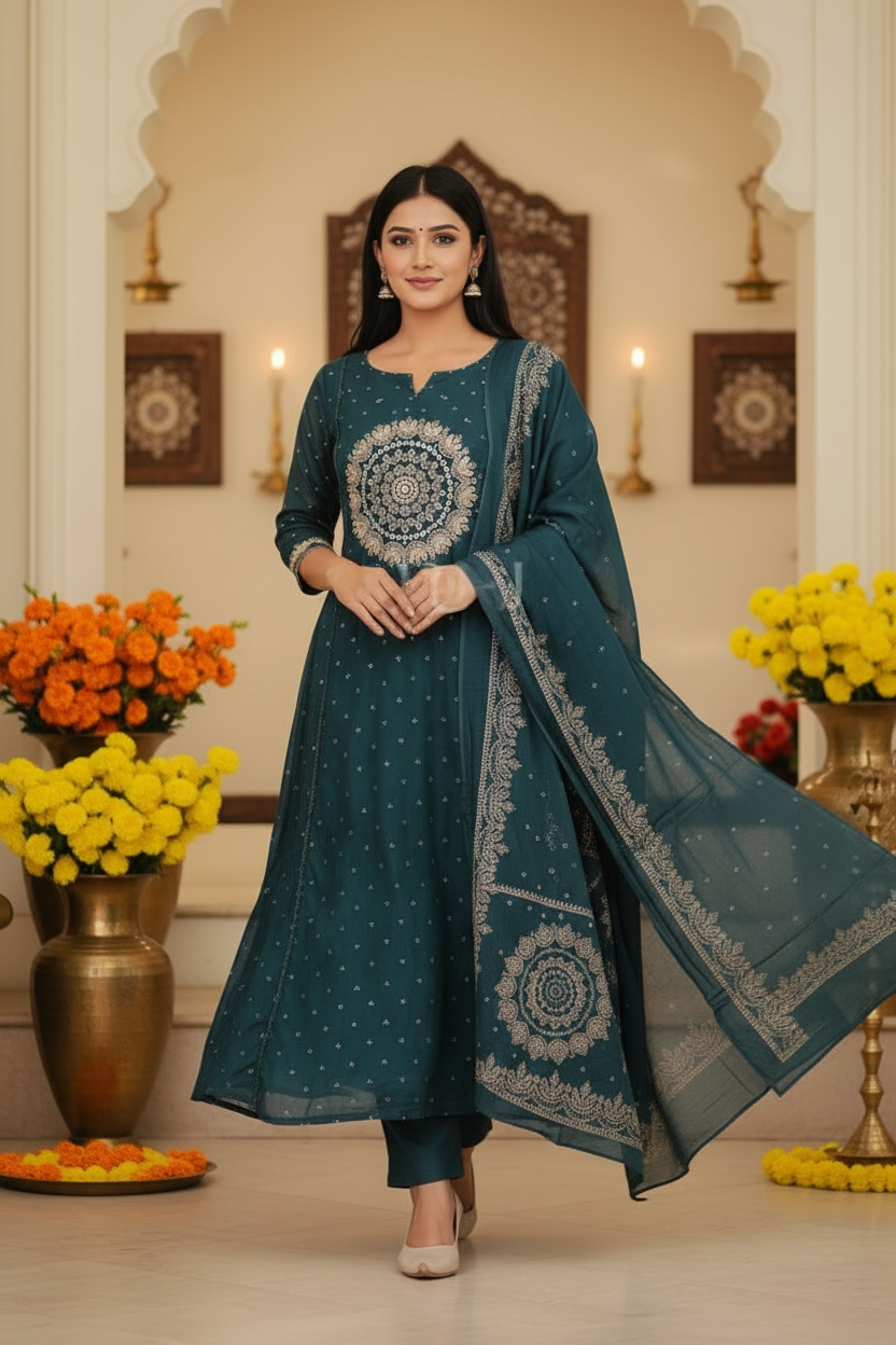 Elegant Teal Green Cotton Dupatta Set