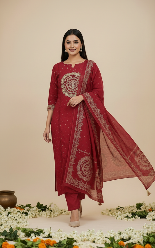 Elegant Red Cotton Dupatta Set