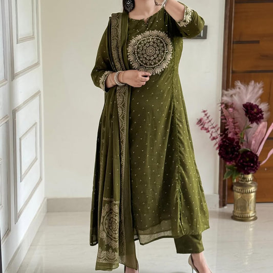 Elegant Green Cotton Dupatta Set