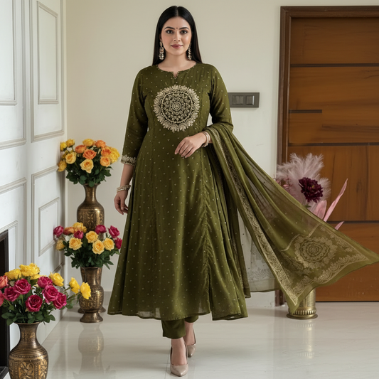 Elegant Green Cotton Dupatta Set